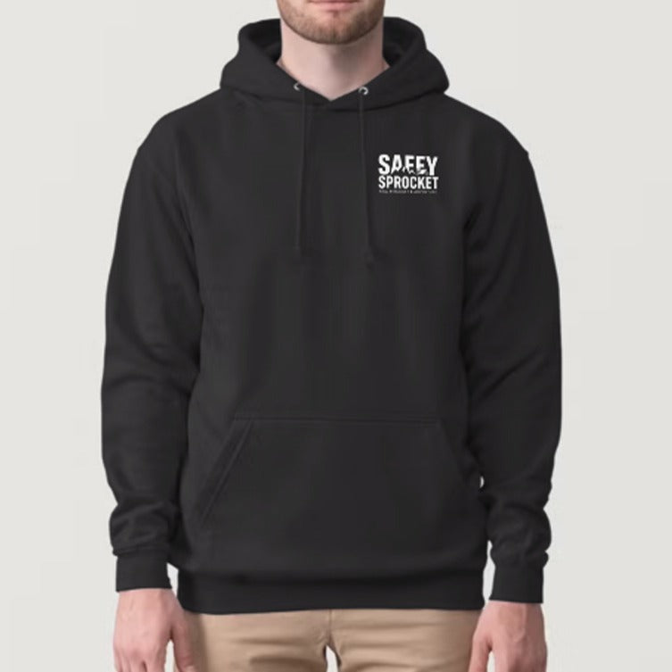 A man wearing a black pullover hoodie with white text on the left chest that reads 'SAEYY SPROCKET'. The background is a solid light gray studio backdrop.